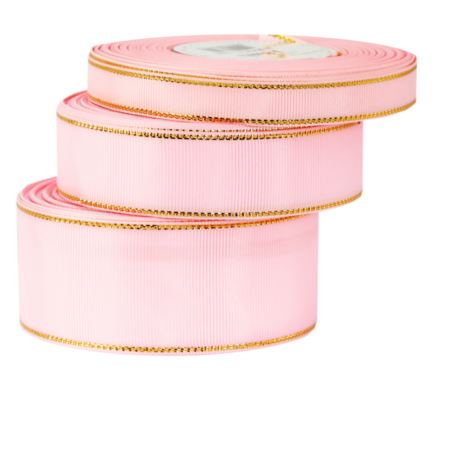 Wstążka rypsowa w złote pasy, 12mm/18mb średni róż