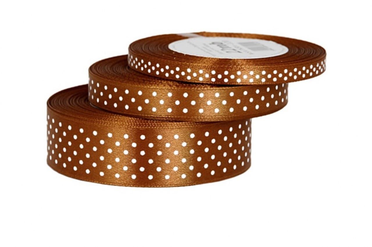 Wstążka satynowa w kropki 12mm/22mb, brązowa