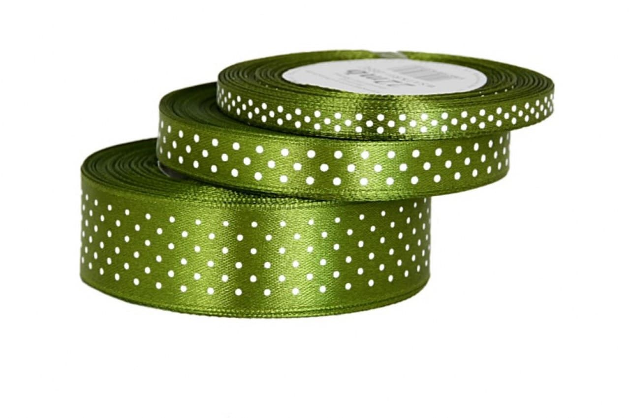 Wstążka satynowa w kropki 12mm/22mb, ciemna oliwka