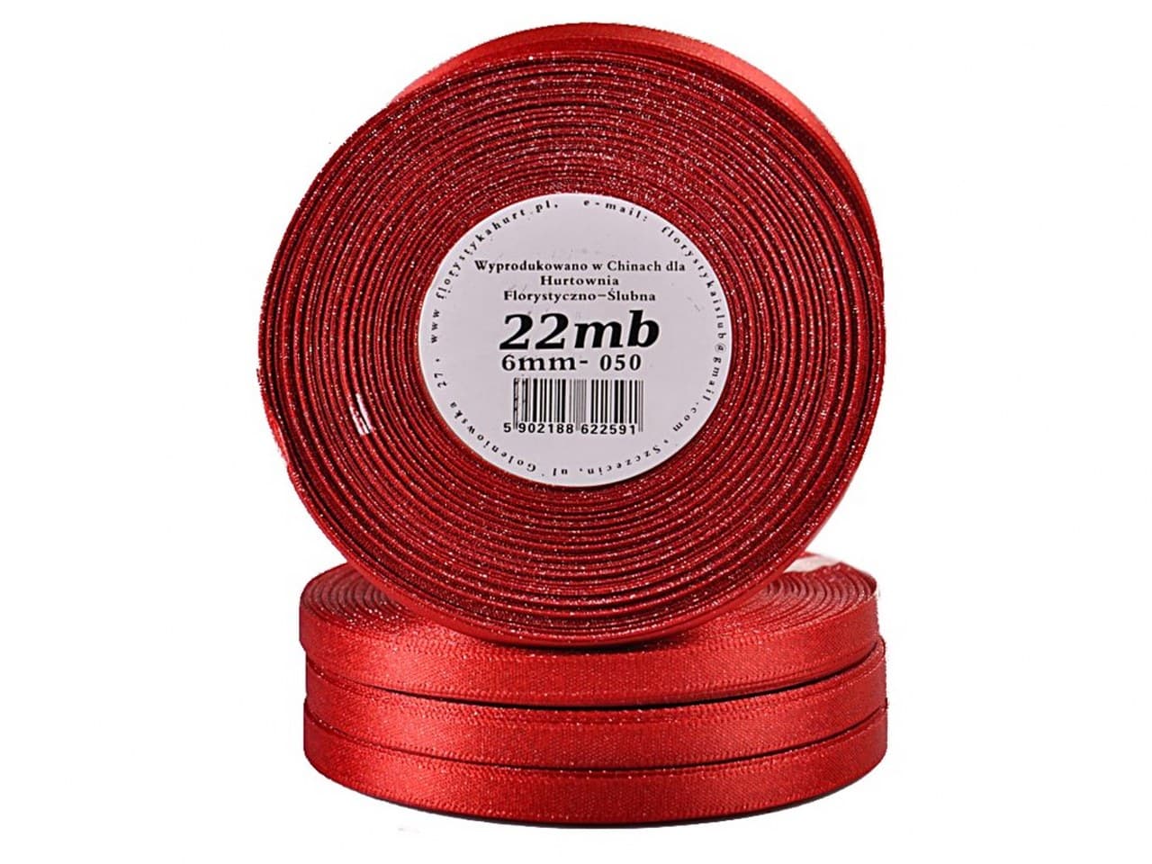Wstążka satynowa z brokatem 6mm/22mb, czerwona