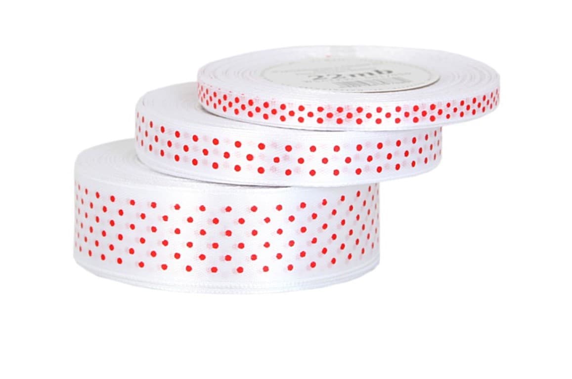 Wstążka satynowa w kropki 25mm/22mb biała/czerwone