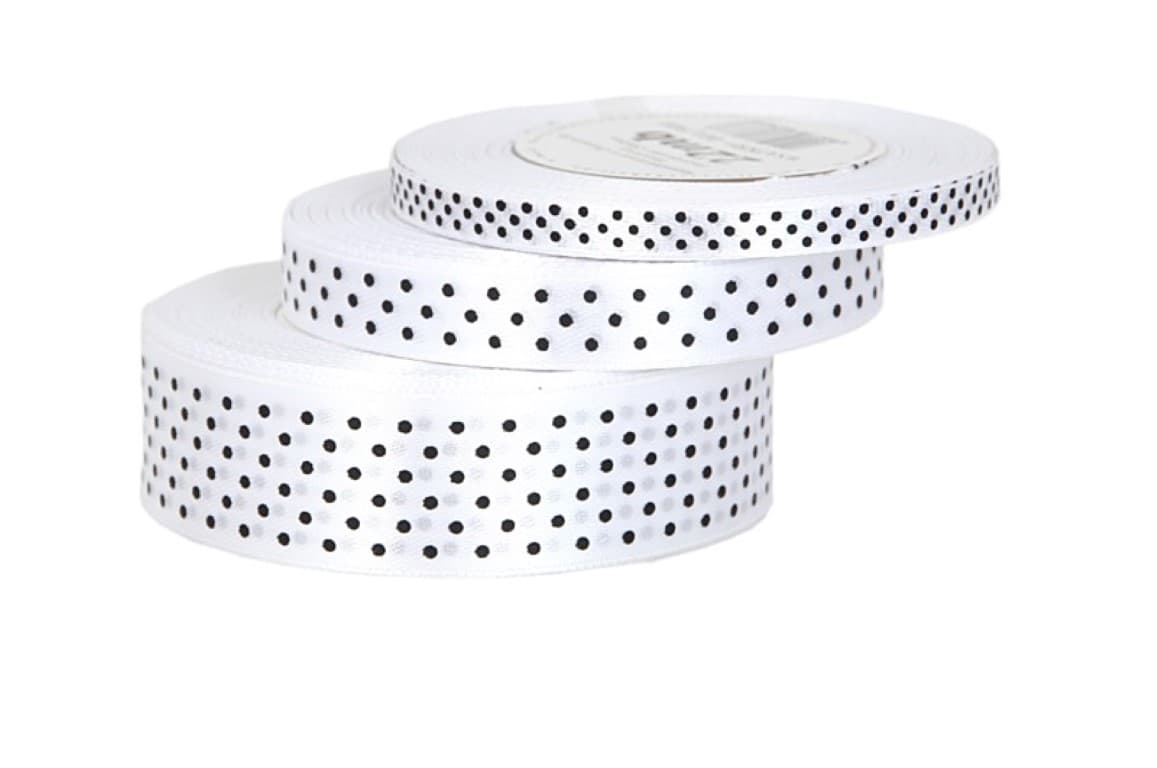 Wstążka satynowa w kropki 12mm/22mb, biała/czarne