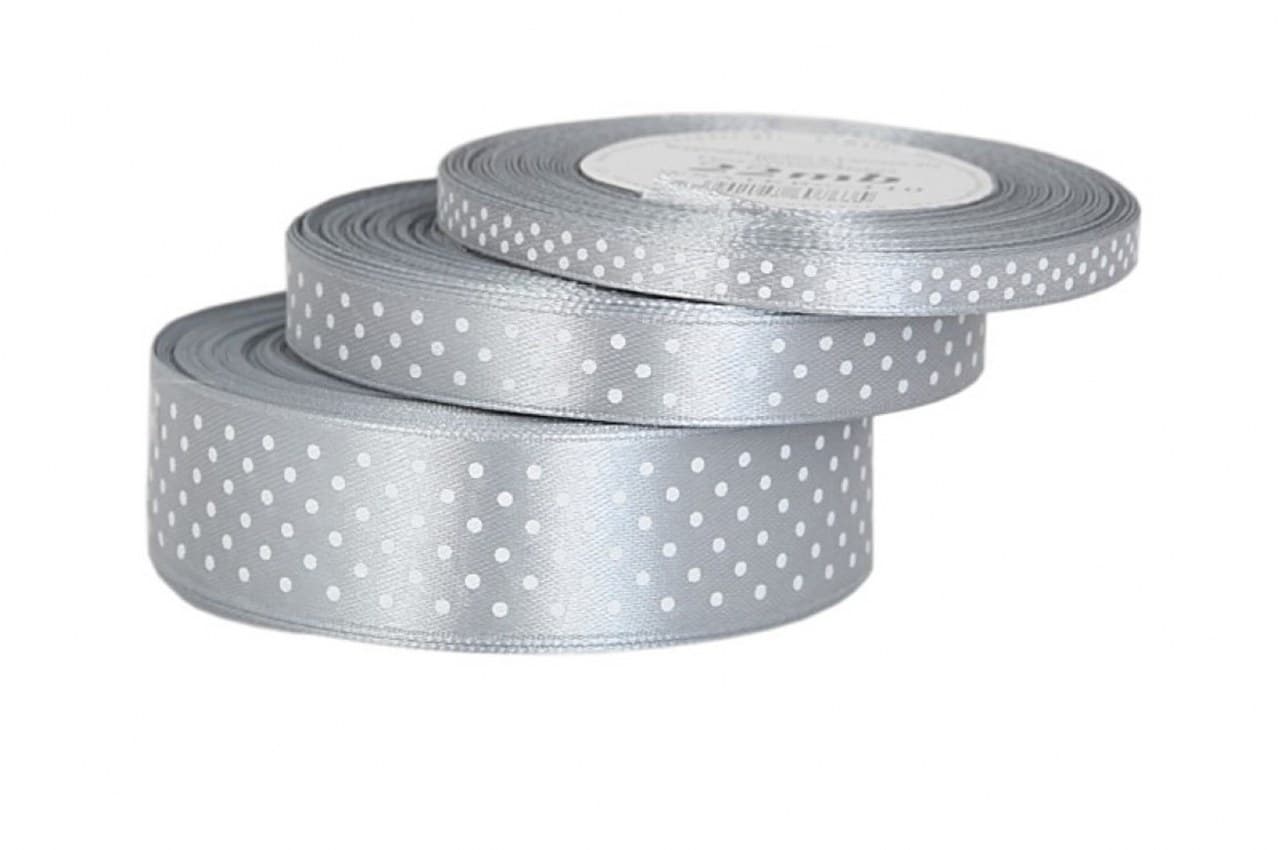 Wstążka satynowa w kropki 6mm/22mb, srebrna