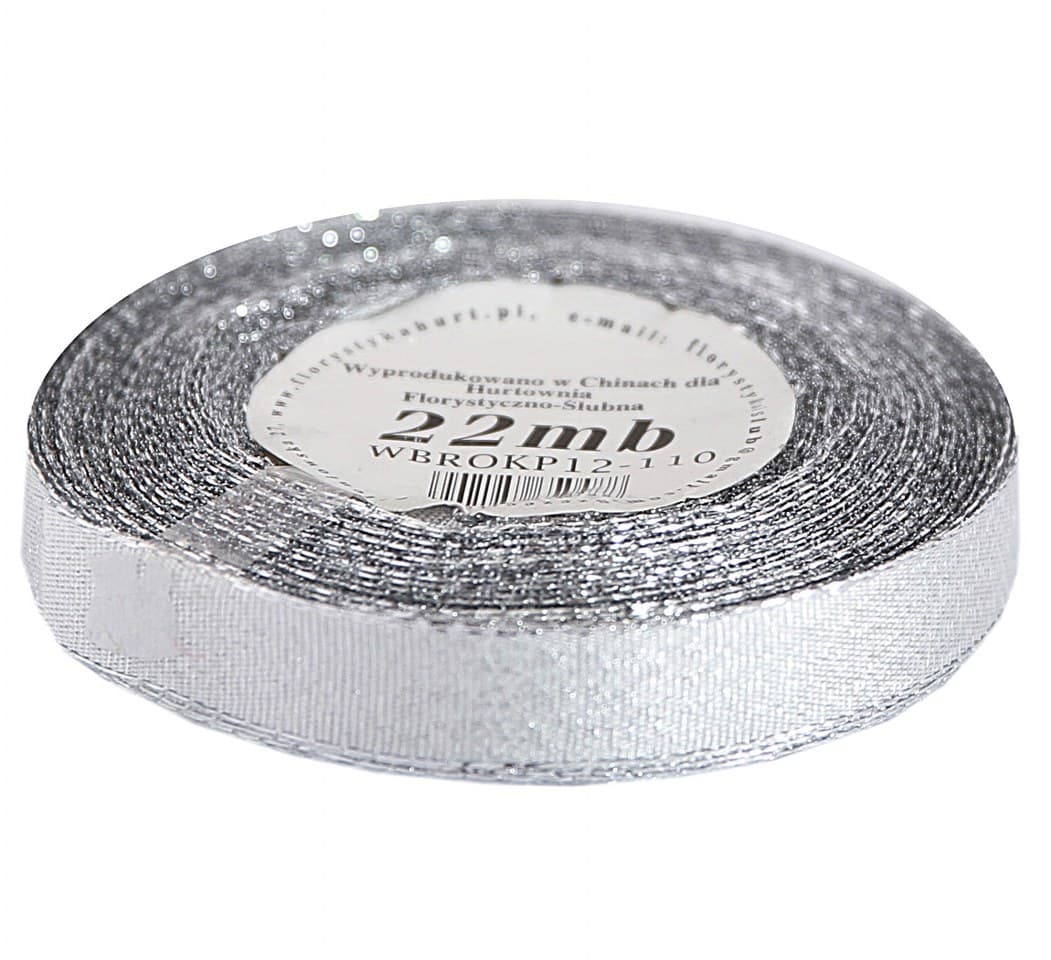 Wstążka brokatowa w paski 12mm/22mb, srebrna