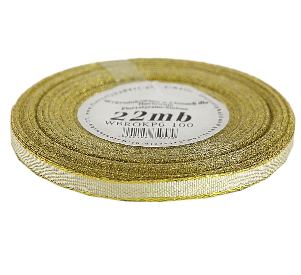 Wstążka brokatowa w paski 6mm/22mb, złota