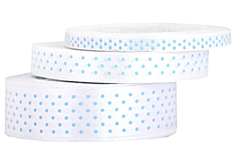 Wstążka satynowa w kropki 6mm/22mb, biała/błękitne