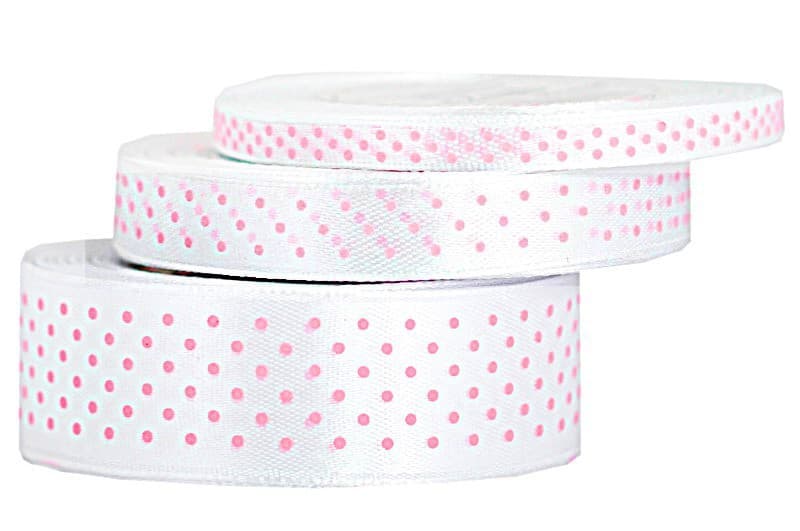 Wstążka satynowa w kropki 25mm/22mb, biała/różowe
