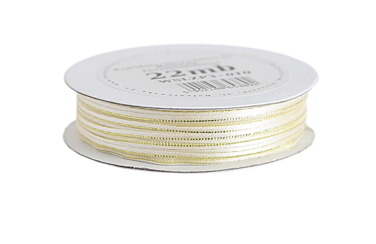 Wstążka szyfon z lamówką GOLD, 3mm/22mb biała