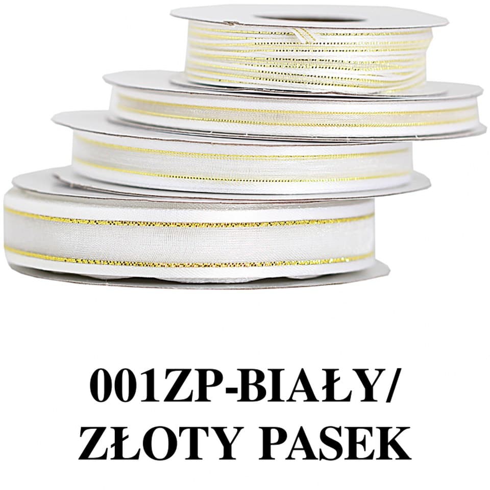 Wstążka szyfon z lamówką GOLD, 3mm/22mb biała
