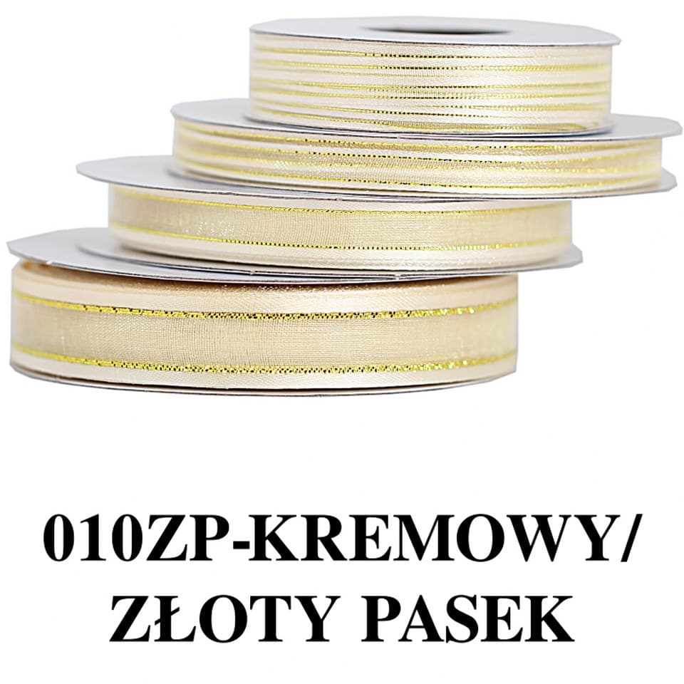Wstążka szyfon z lamówką GOLD, 3mm/22mb, kremowa 
