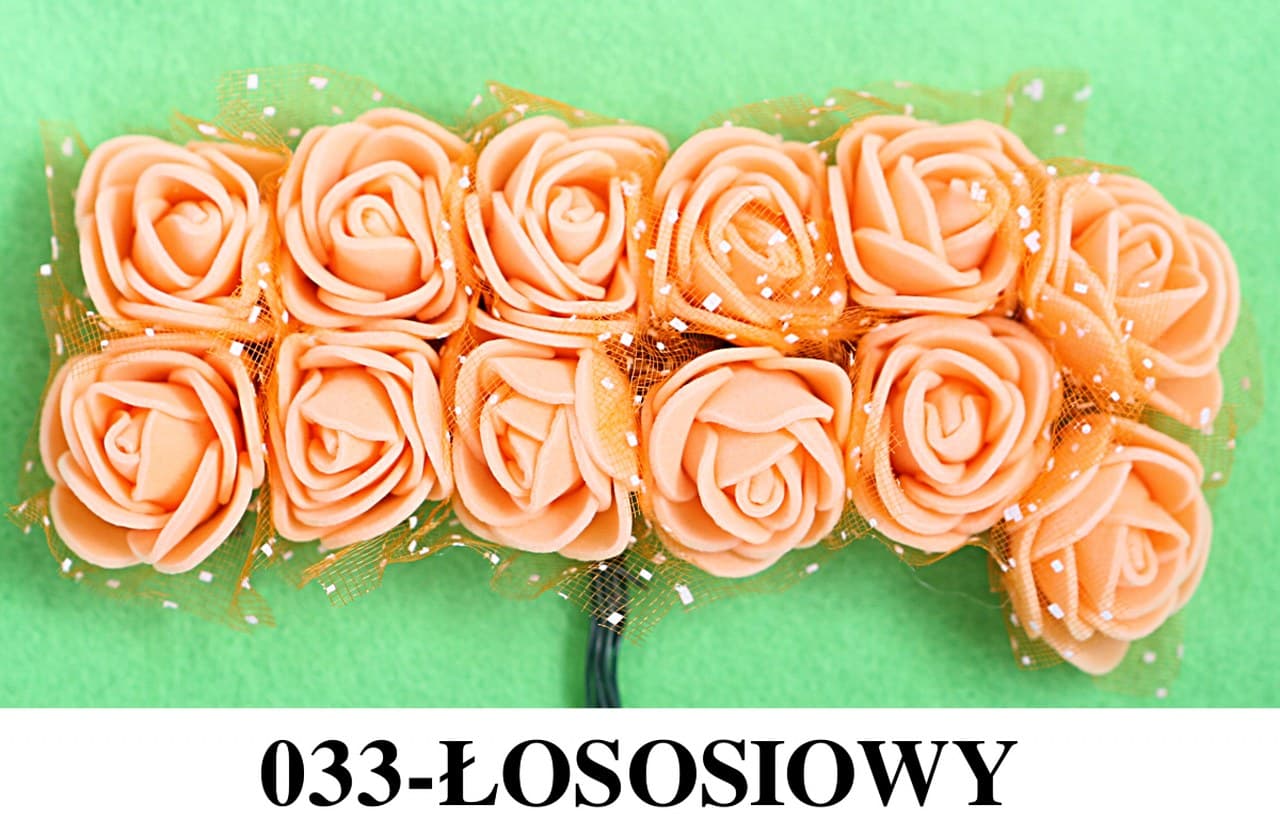 Piankowe kwiaty+tiul, śr.2,5cm/12szt, łososiowe