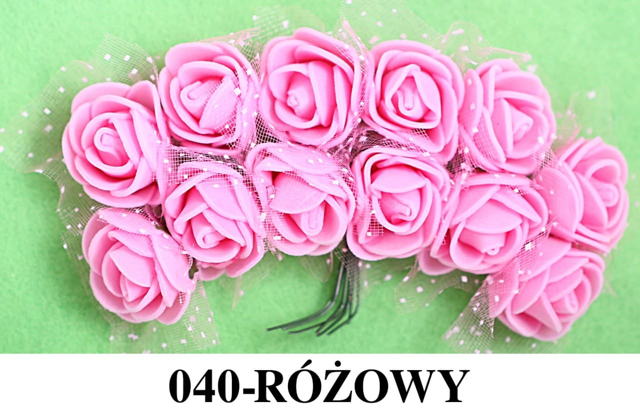 Piankowe kwiaty+tiul, śr.2,5cm/12szt, różowe