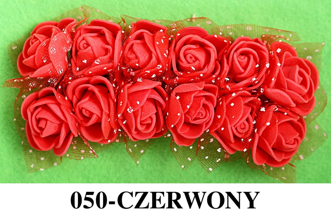 Piankowe kwiaty+tiul, śr.2,5cm/12szt, czerwone