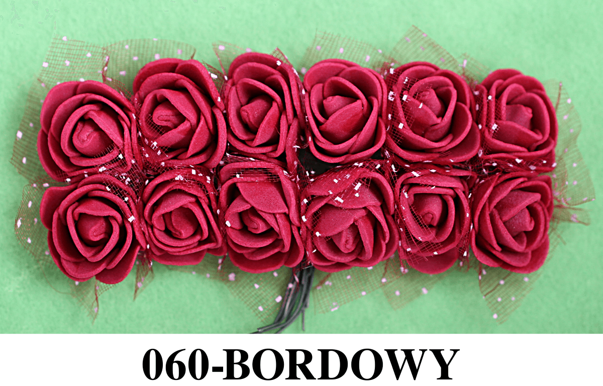 Piankowe kwiaty z tiulem śr.2,5cm/6x12szt, bordowe