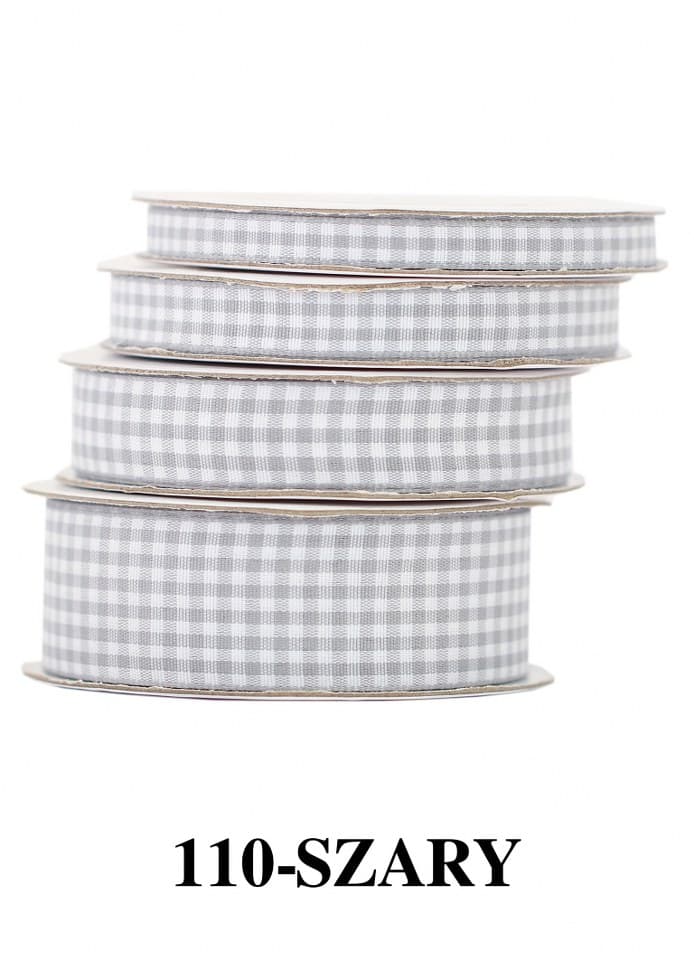 Wstążka materiałowa w kratkę 15mm/9mb, srebrna