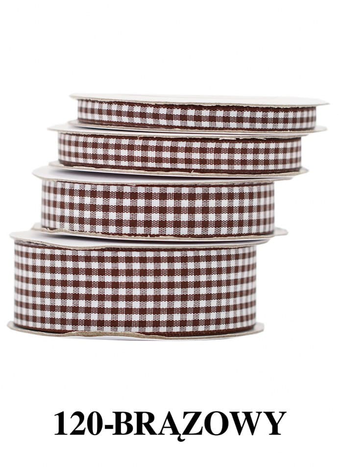 Wstążka materiałowa w kratkę 15mm/9mb, brązowa