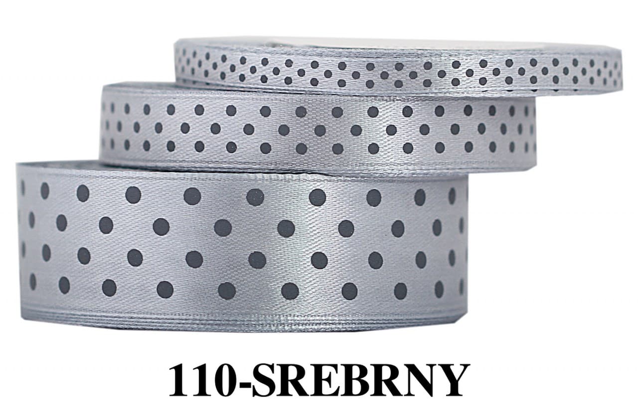 Wstążka satynowa w kropki srebrne, 6mm/22mb 