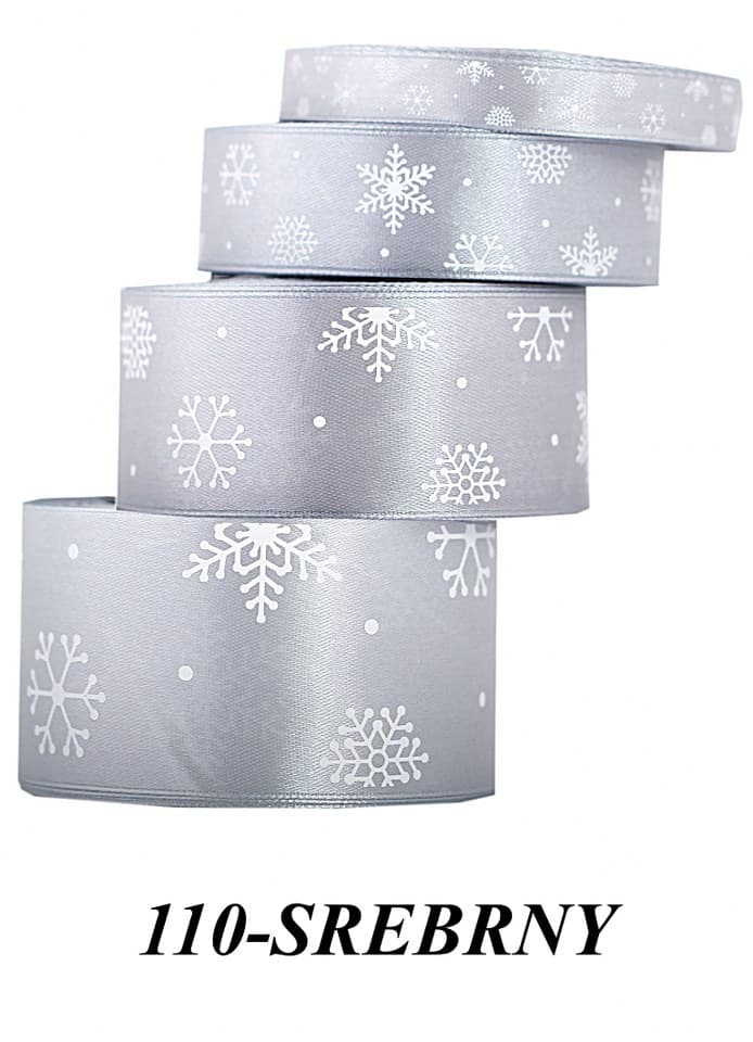 Wstążka satynowa śnieżynki, 12mm/22mb, srebrna