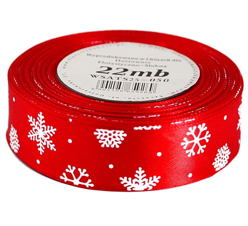 Wstążka satynowa śnieżynki, 25mm/22mb, czerwona 