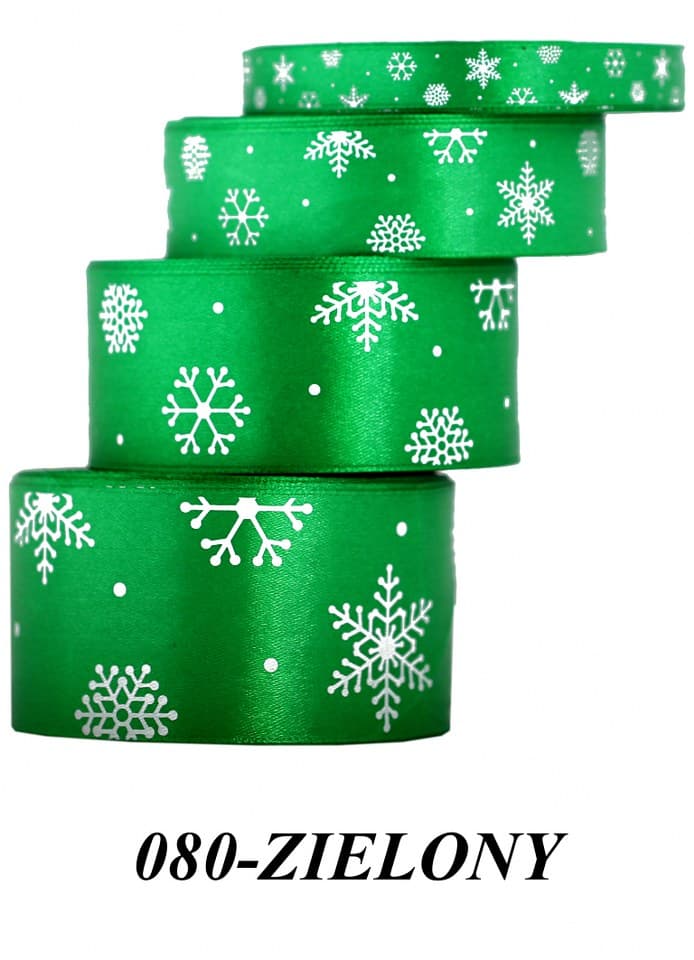Wstążka satynowa śnieżynki, 38mm/22mb, zielona