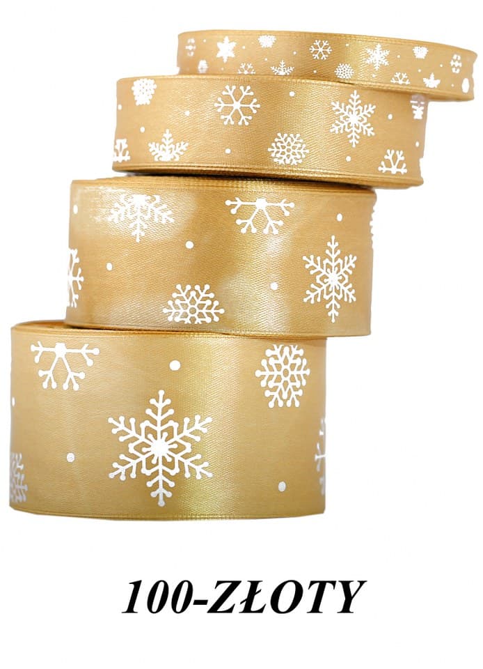 Wstążka satynowa śnieżynki, 50mm/22mb, złota