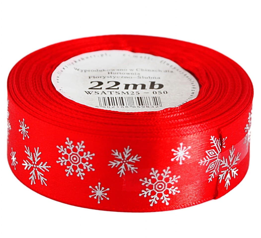 Wstążka w śnieżynki metalizowane 25mm/22m czerwona