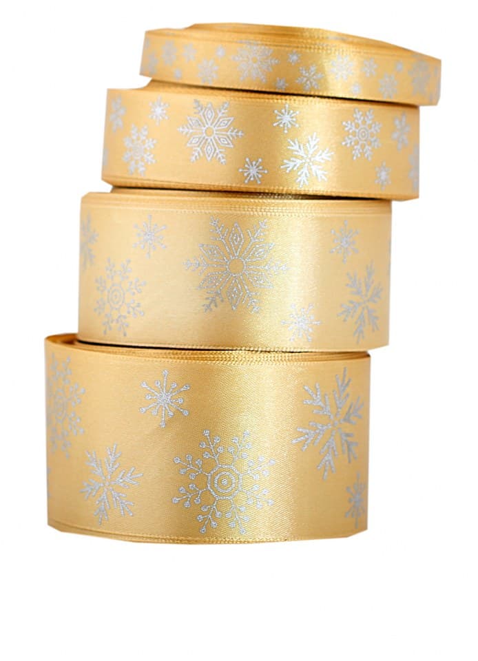 Wstążka w śnieżynki metalizowane 25mm/22mb, zlota