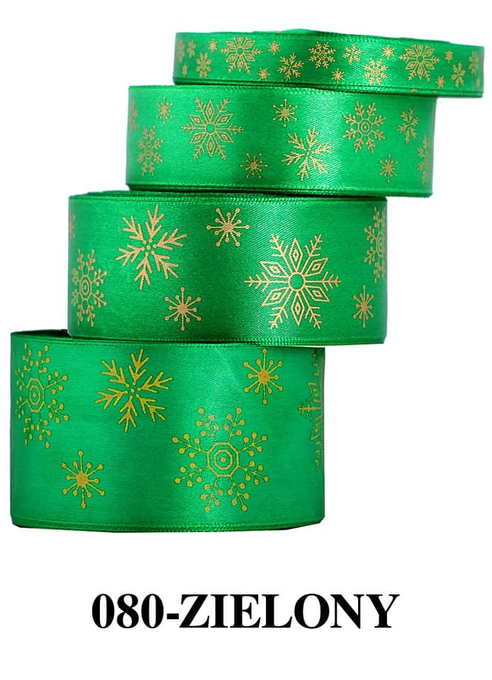Wstążka w śnieżynki metalizowane 12mm/22mb zielona