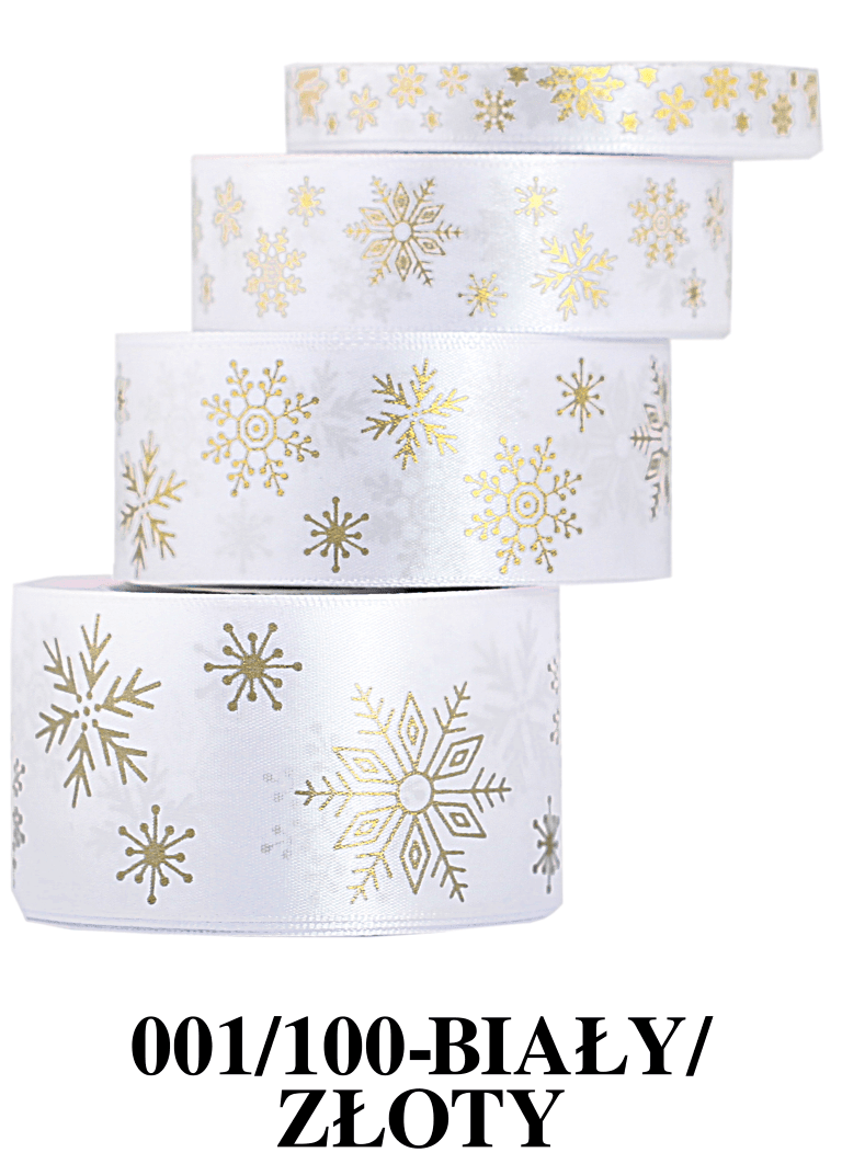 Wstążka w śnieżynki metalizowane 25mm/22mb b/złota