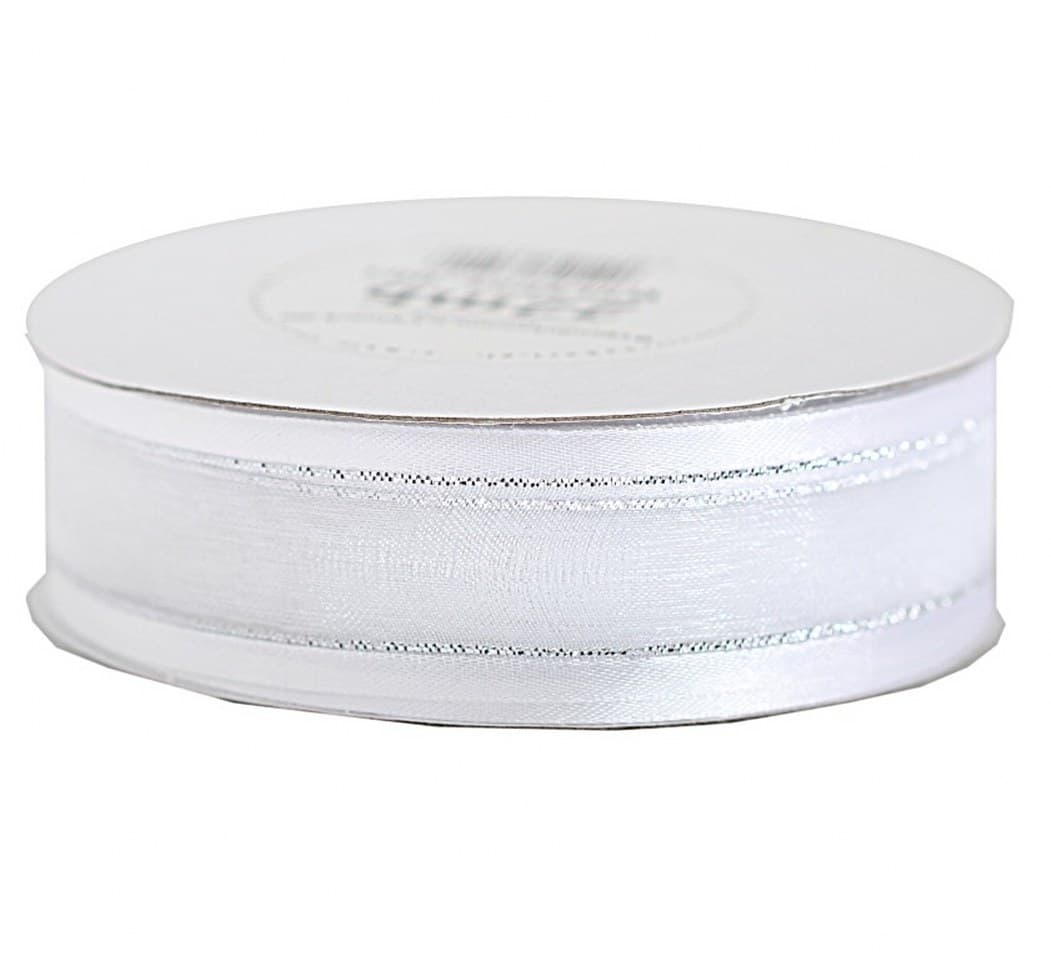Wstążka szyfon z lamówką SILVER, 25mm/22mb, biała