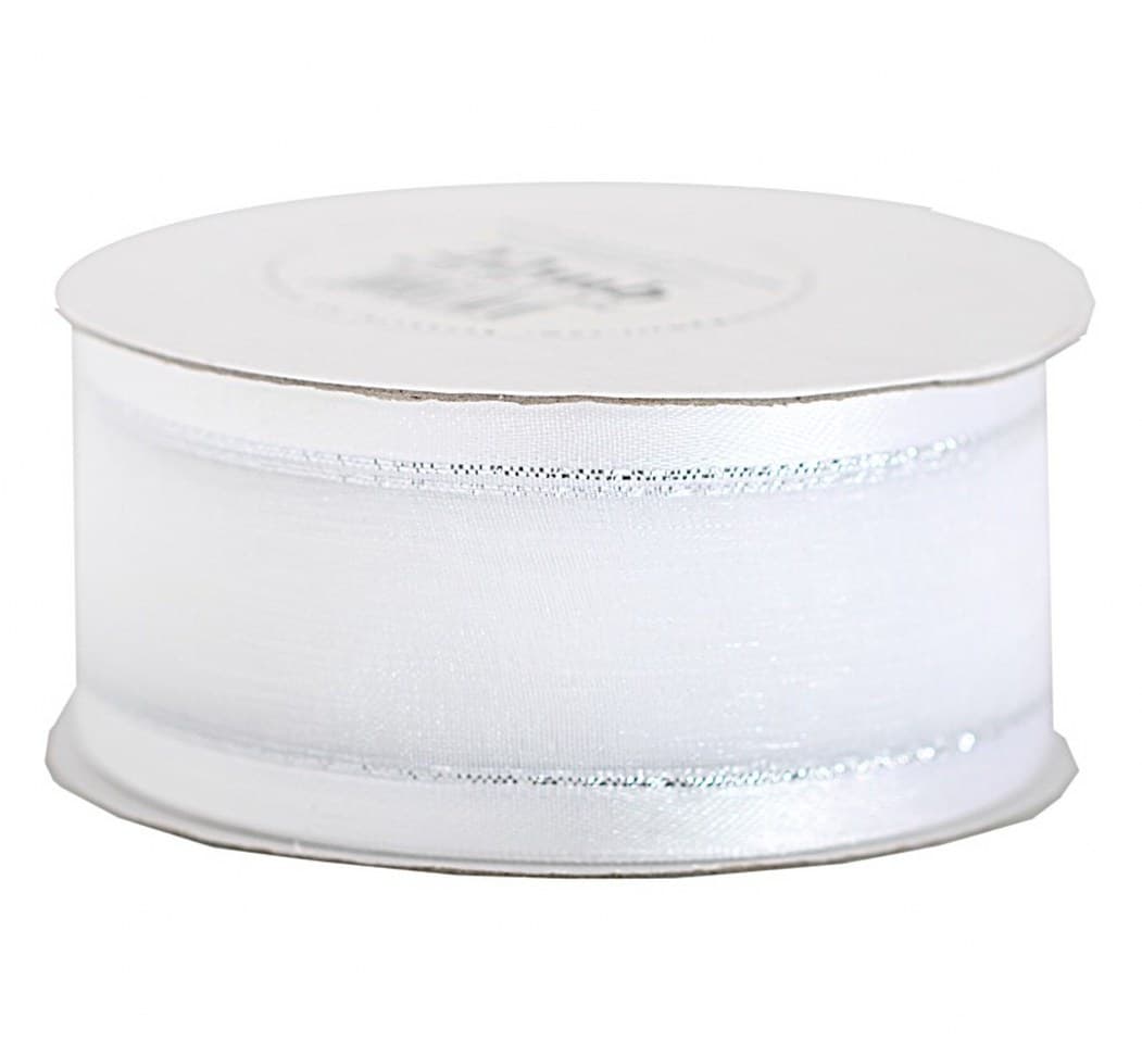 Wstążka szyfon z lamówką SILVER, 38mm/22mb, biała