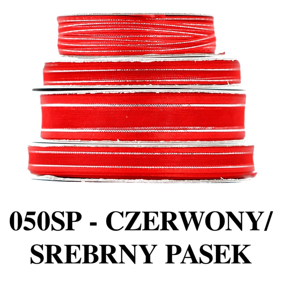 Wstążka szyfon z lamówką SILVER, 9mm/22mb czerwona