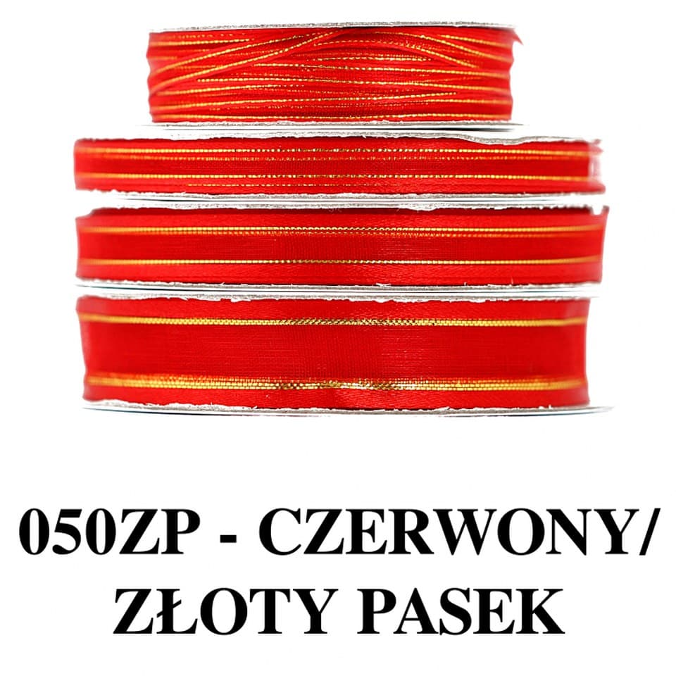 Wstążka szyfon z lamówką GOLD, 3mm/22mb, czerwona