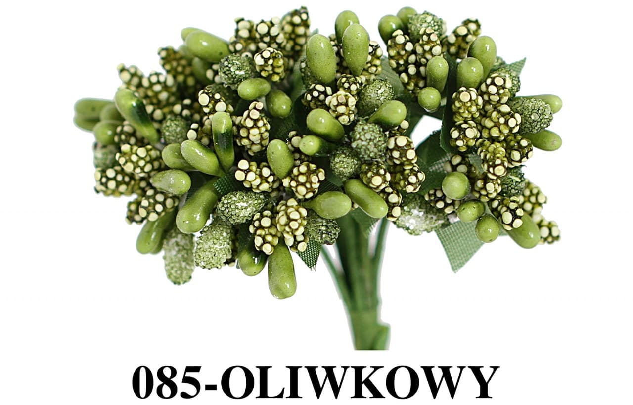 Pręciki na drucie ryż+kulki śr.2cm/12szt, oliwkowe