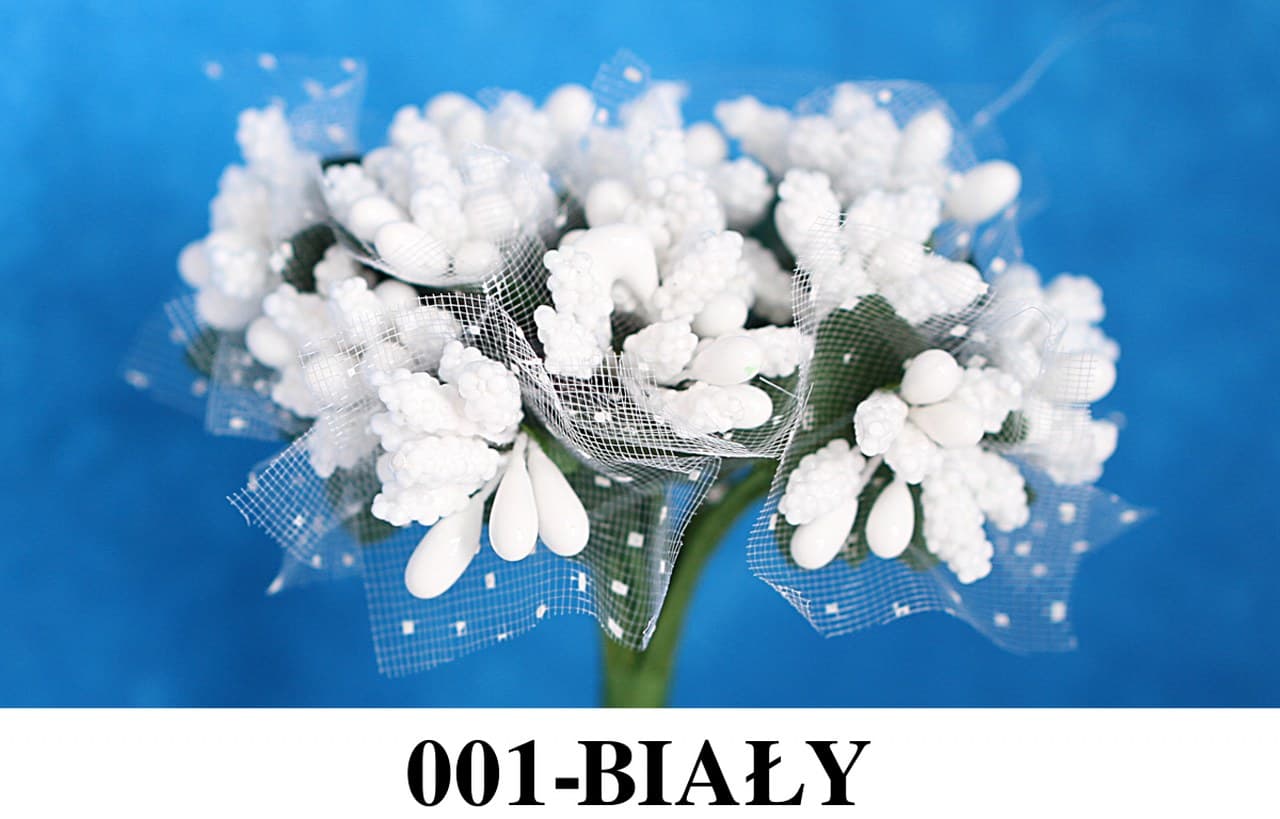 Pręciki ryż z tiulem, śr. 2cm/12szt, białe