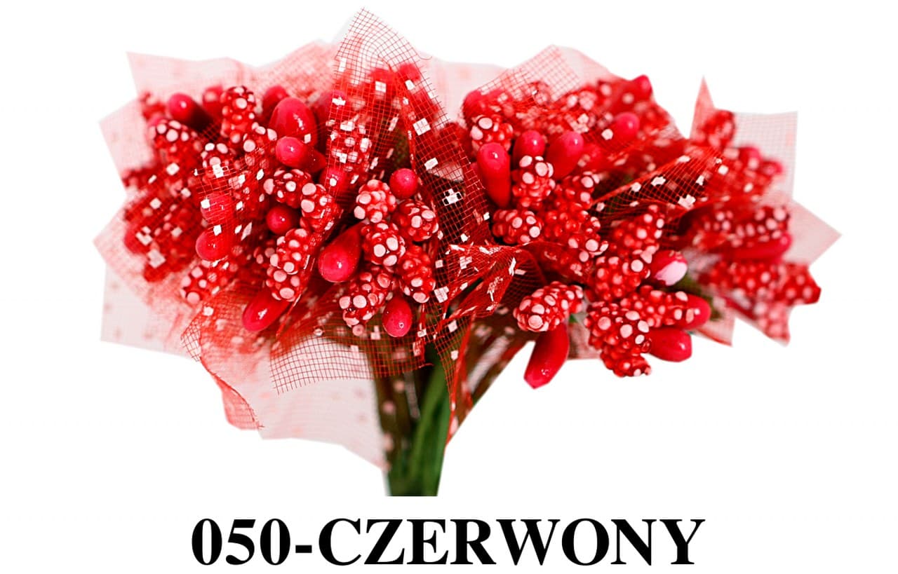 Pręciki ryż z tiulem, śr. 2cm/12szt, czerwone