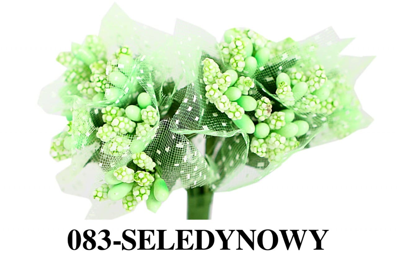 Pręciki ryż z tiulem, śr. 2cm/12szt, seledynowe