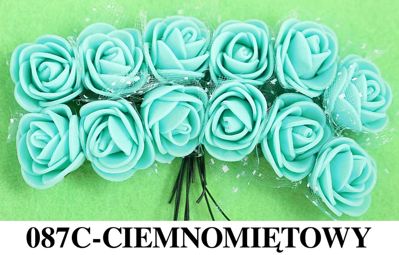 Piankowe kwiaty+tiul, śr.2,5cm/12szt, c.mięta