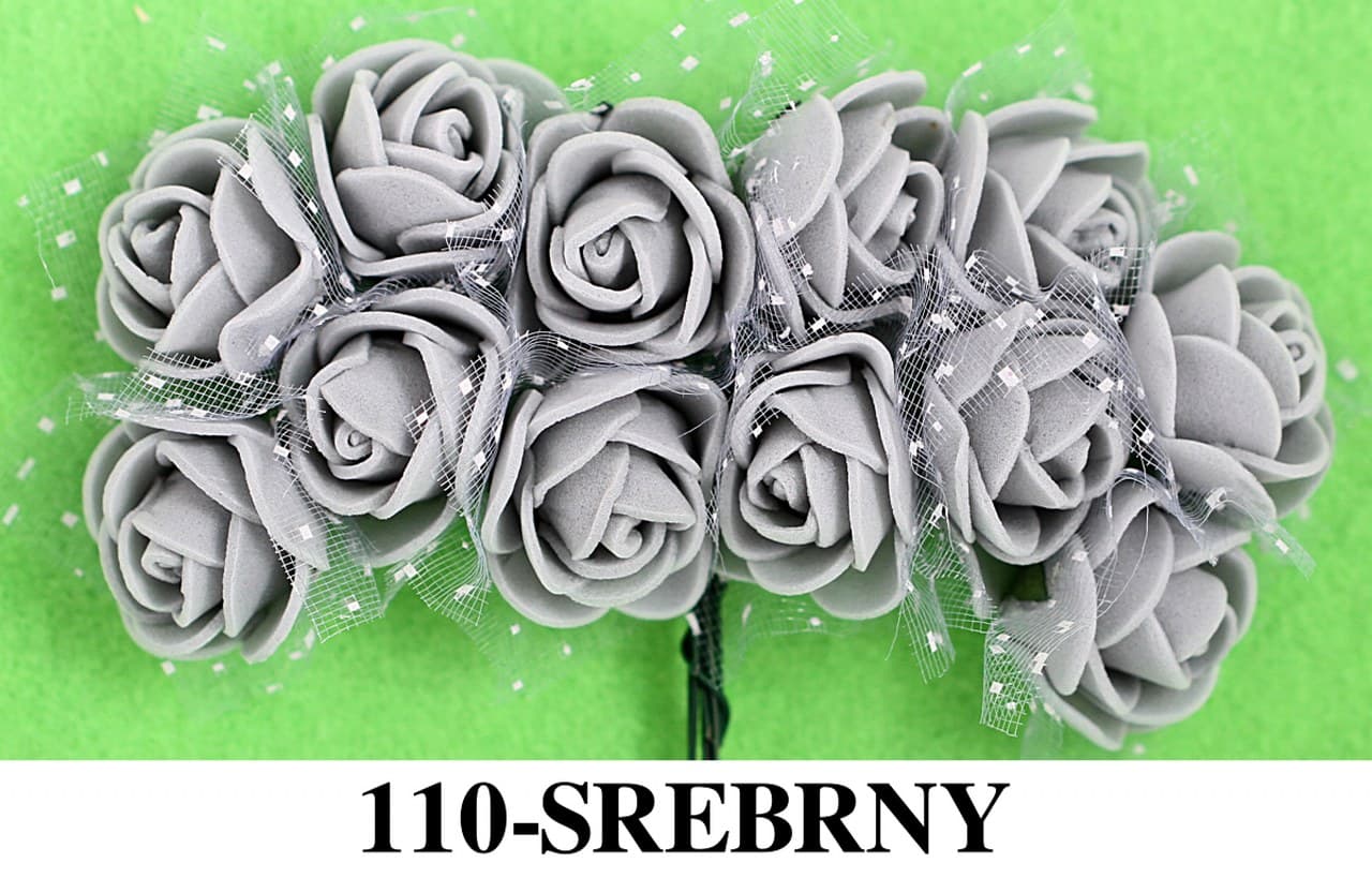 Piankowe kwiaty+tiul, śr.2,5cm/12szt, srebrne