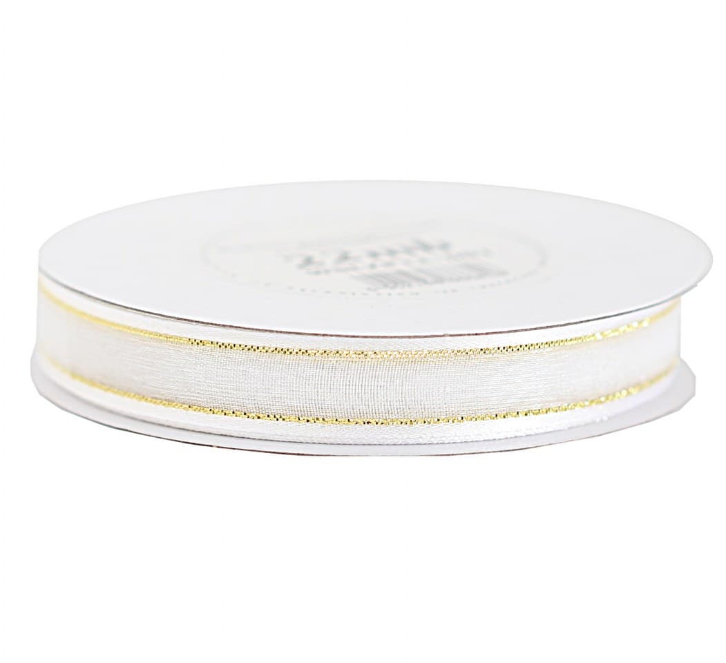 Wstążka szyfon z lamówką GOLD, 12mm/22mb, biała