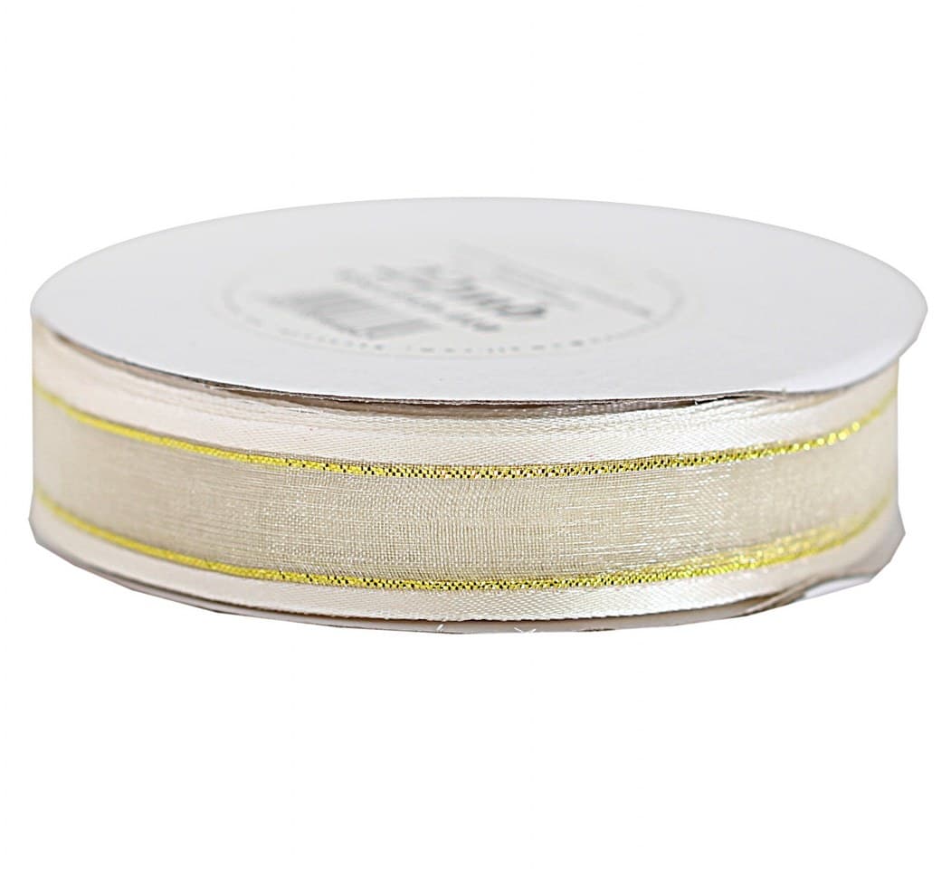 Wstążka szyfon z lamówką GOLD, 19mm/22mb, kremowa