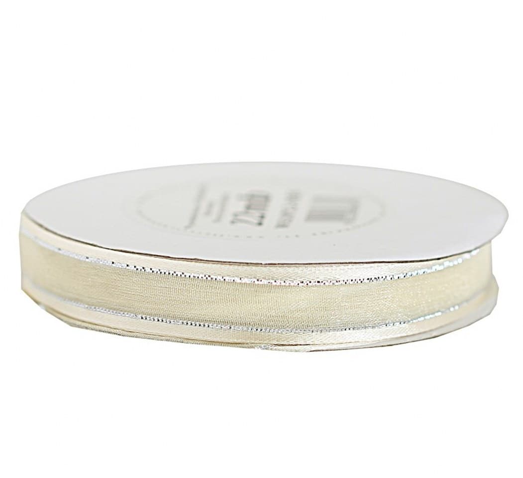 Wstążka szyfon z lamówką SILVER, 12mm/22m, kremowa