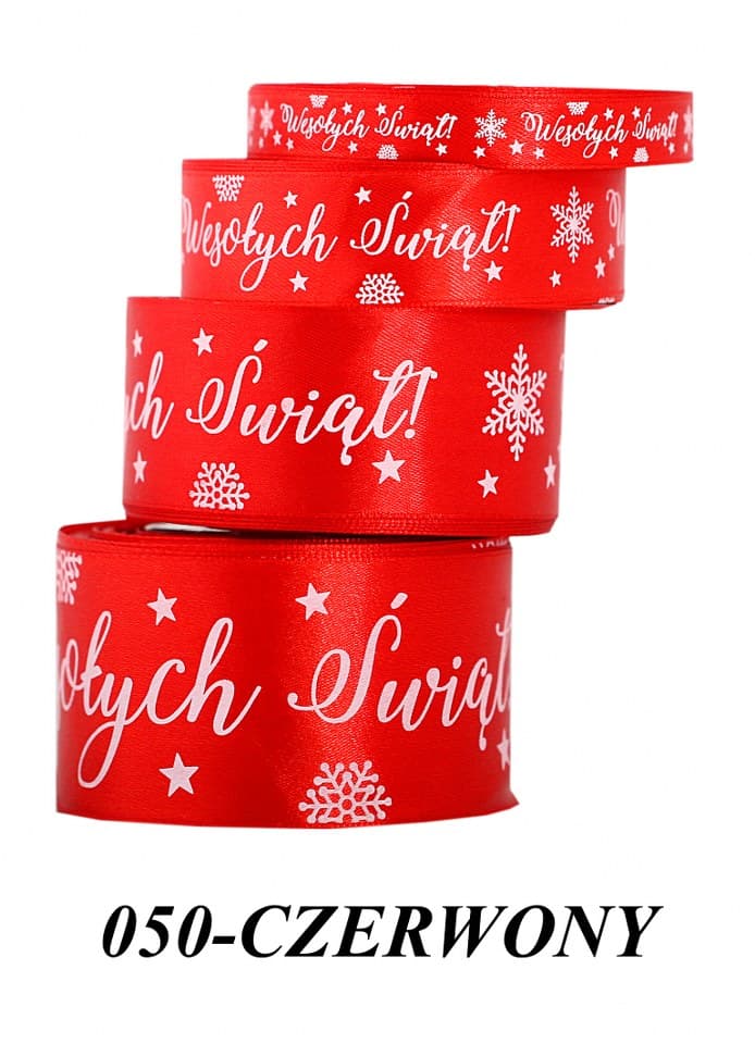 Wstążka satyna Wesołych Świąt 12mm/22mb, czerwona 