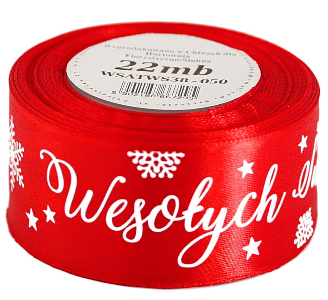 Wstążka satyna Wesołych Świąt 38mm/22mb, czerwona 