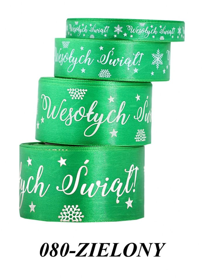 Wstążka satyna Wesołych Świąt 38mm/22mb, zielona