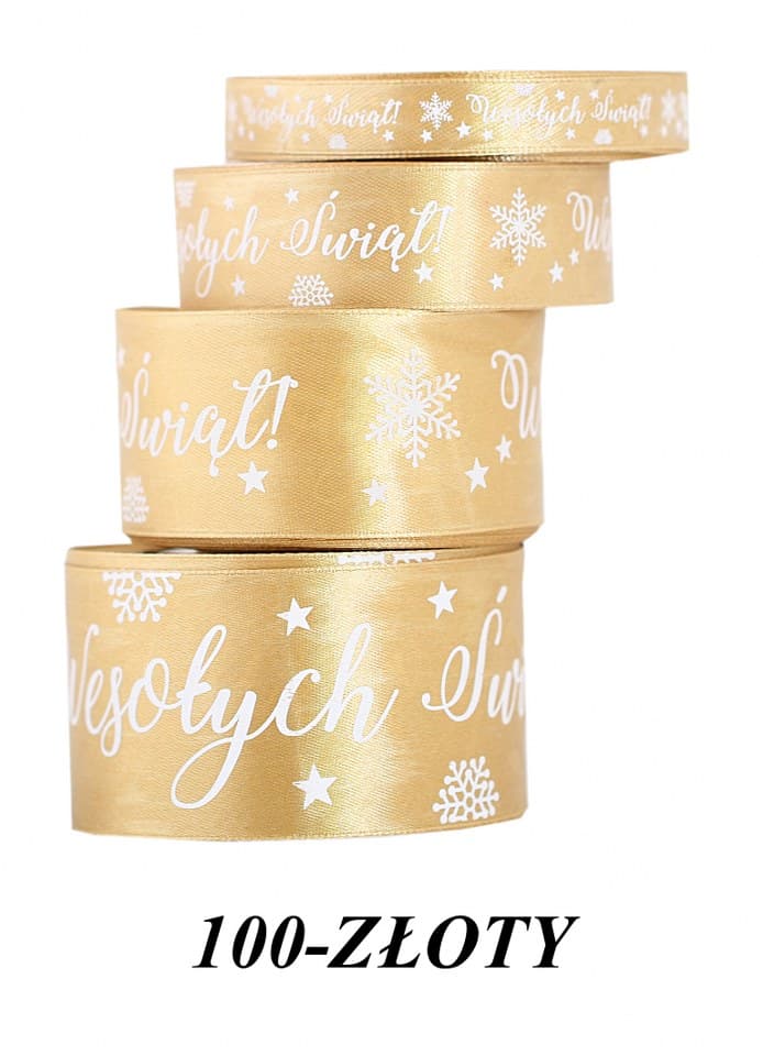 Wstążka satyna Wesołych Świąt 38mm/22mb, złota