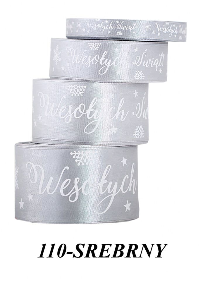 Wstążka satyna Wesołych Świąt 38mm/22mb, srebrna