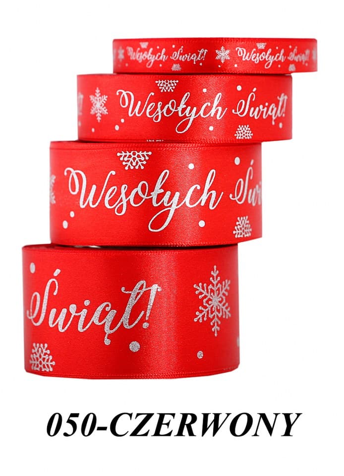 Wstążka Wesołych Świąt metal 50mm/22mb, czerwona