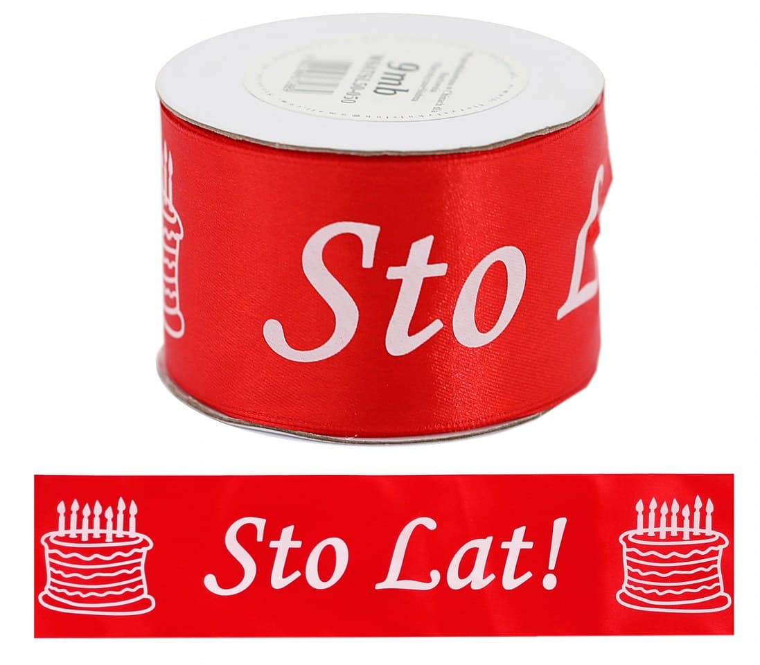 Wstążka satyna Sto Lat, 50mm/10y, czerwona