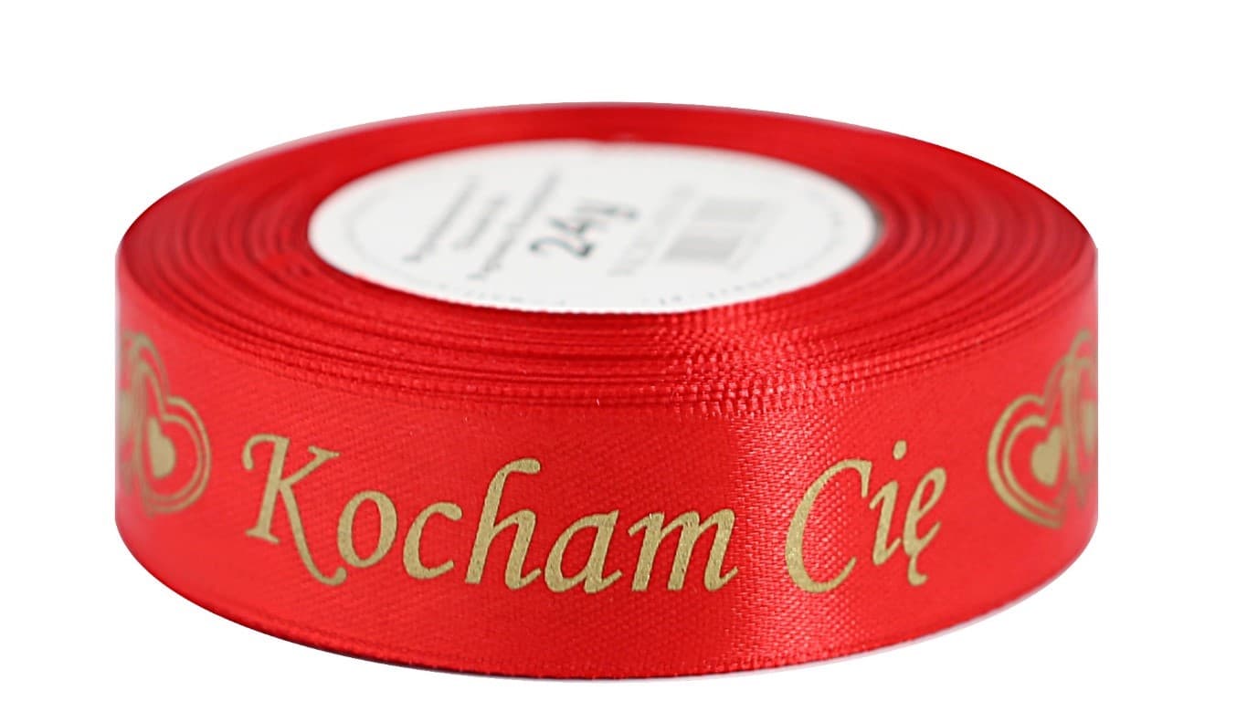Wstążka Kocham Cię metal, 25mm/22mb czerwona/złoto